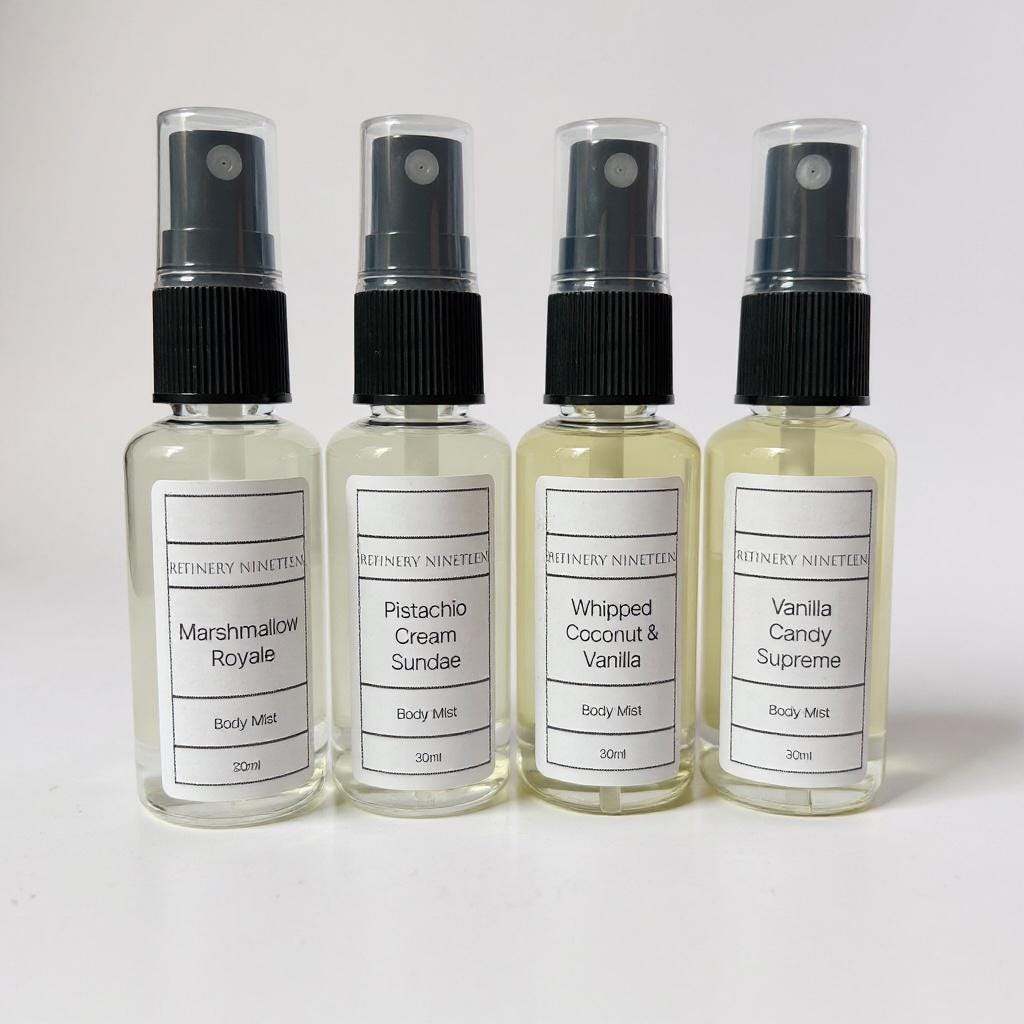 Body Spray gift set bundle of 4 x body mists-Vanilla Candy Supreme, Pistachio Cream Sundae, Whipped Coconut & Vanilla, Marshmallow Royale