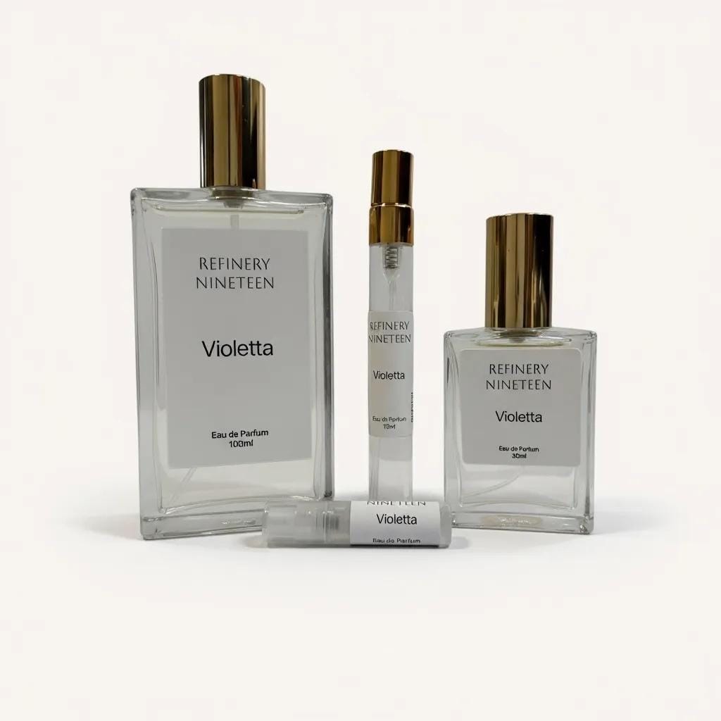 VIOLETTA Artisan Eau de Parfum edp. Handcrafted niche perfume 2ml, 10ml, 30ml, 100ml. Handmade fragrance UK luxury gourmand Parma violet